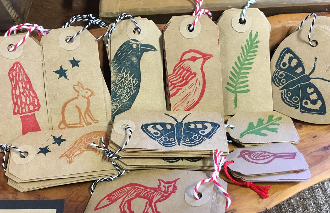 image of hand-printed gifts tags with pictures of animals